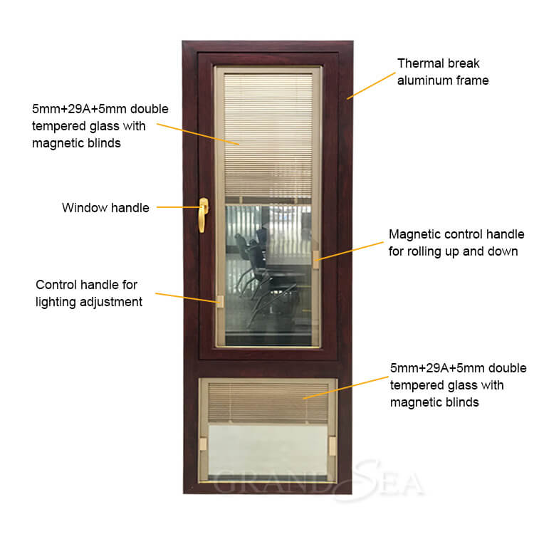 casement window with blinds