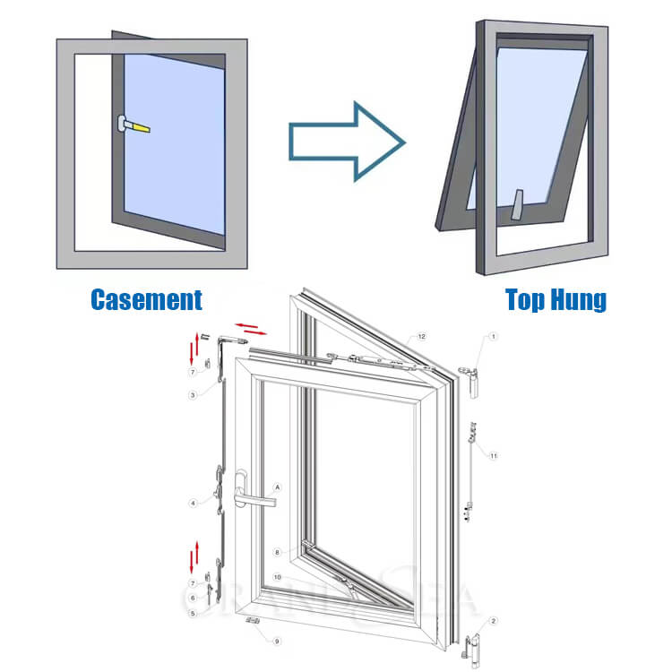 casement and top hung window